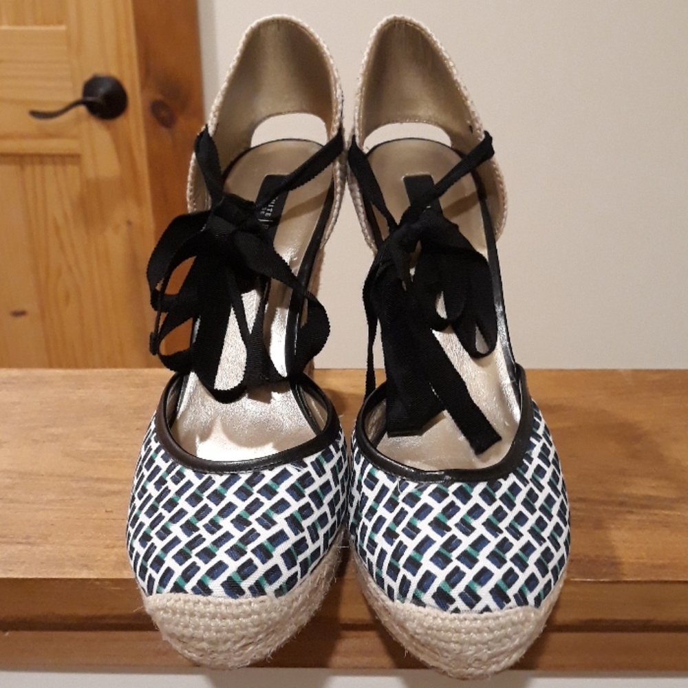 Wedge Espadrille Lace-Up Sandals in Black and Cream - Picture 2 of 6